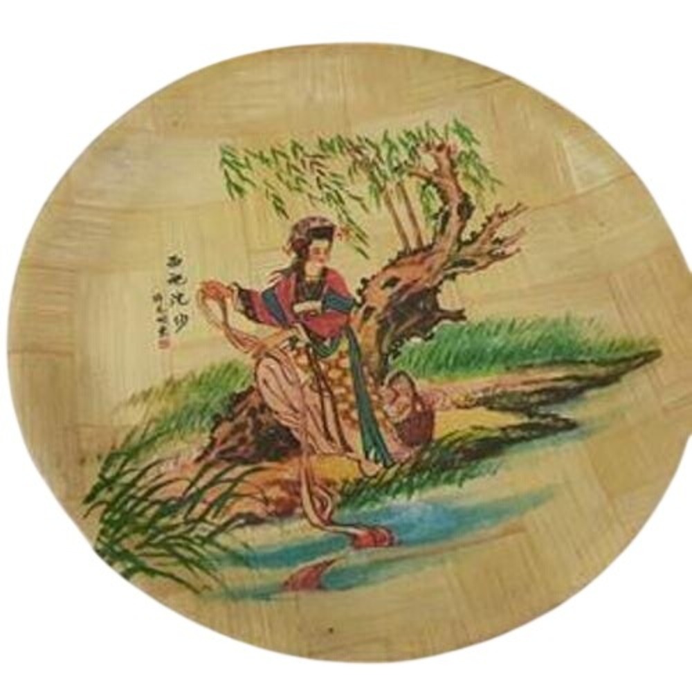 Vintage Hand Painted Woven Bamboo Plate Asian Woman Landscape Made in Taiwan